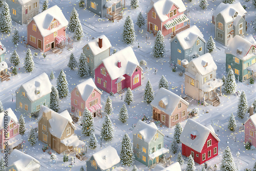 Isometric winter town seamless pattern with snowy streets and colorful houses covered in snow surrounded by pine trees under soft glowing lights creating cozy festive atmosphere