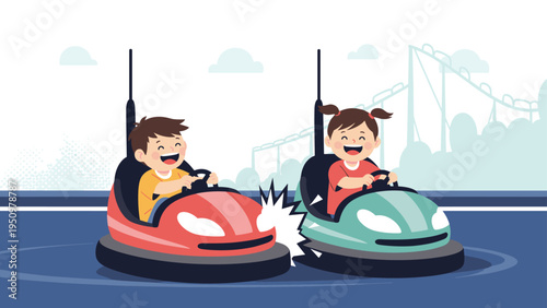 Happy boy and girl enjoy a thrilling ride in colorful bumper cars at a lively amusement park with a roller coaster in the distance.