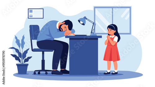 Exhausted father sleeps at his office desk while his concerned young daughter stands nearby waiting for his attention and care.