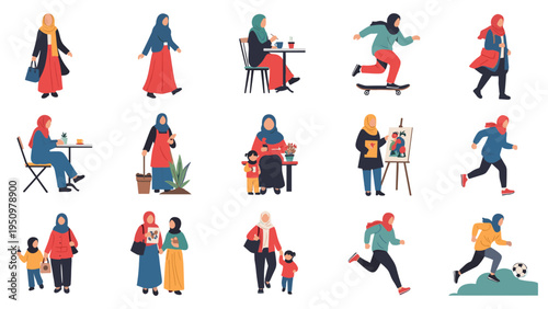 Large set of Muslim women wearing colorful hijabs engaged in diverse daily activities like skating, painting, and playing sports.