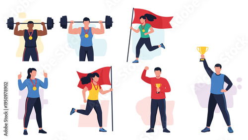 Diverse athletes celebrate their hard-won victories by lifting heavy weights, running with flags, and holding golden trophies high.