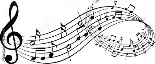 Abstract wavy musical staff with treble clef and black notes flowing in infinity shape isolated on white background for creative sound design projects