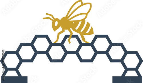 Solid-color bee on honeycomb bridge vector icon, minimal flat two-color geometric design, clean simple shapes, pollination connection concept, white background