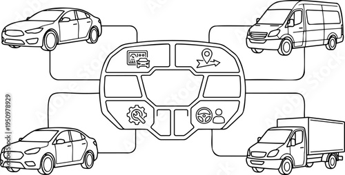 Line art vector of fleet management system, connected cars and vehicle tracking