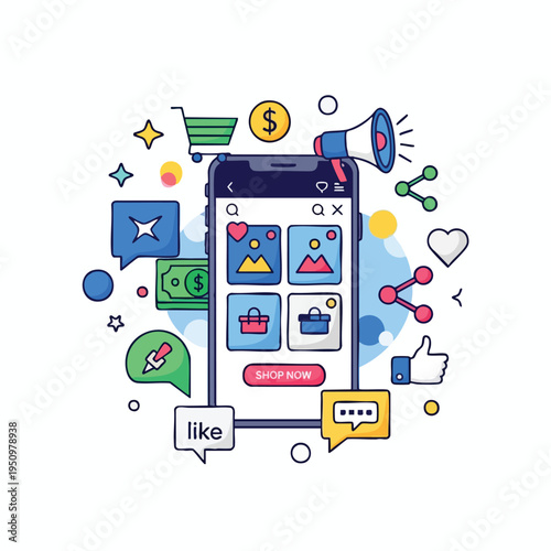 Online shopping and marketing concept with phone, cart, megaphone, hearts, likes, and money