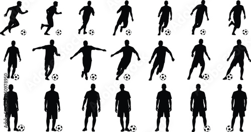 Large collection of soccer player silhouettes in action poses including running dribbling kicking and standing with footballs isolated on white background for sports design.
