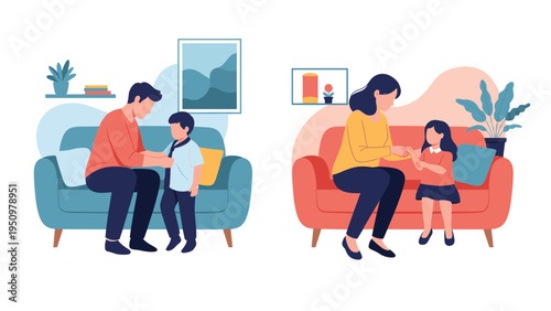 Caring father and mother help their young children get dressed and ready for the day in their cozy and bright living room settings.