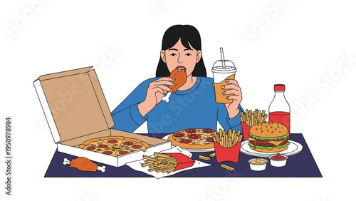 Young woman sits at a table overflowing with various fast food items like pizza, burgers, fries, and fried chicken in a feast.