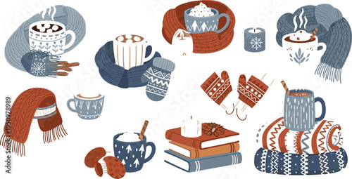 Cozy winter hygge set vector illustration with warm drinks, knitted scarf, mittens, candles and books, autumn comfort lifestyle elements collection