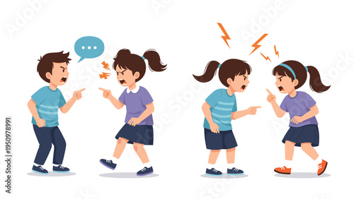 Two scenes showing a young boy and girl shouting and pointing at each other during a very heated and emotional childhood argument.