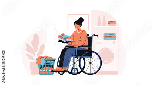 Determined woman in a wheelchair independently manages her laundry tasks at home in a bright and well-organized laundry room.