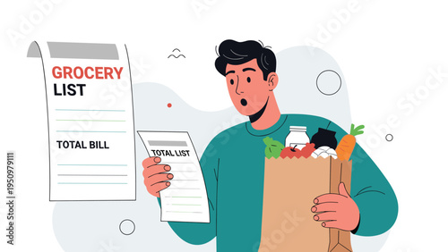 Surprised man looks with shock at a long grocery list and a high total bill while holding a heavy paper bag full of food items.