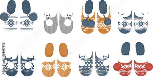 Cozy winter knit slippers vector illustration set with warm home shoes, wool patterns and pom pom details, comfortable indoor footwear collection