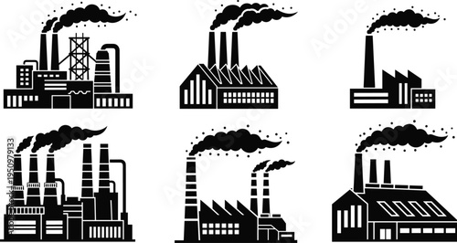 Industrial factory and plant silhouettes set with smoke emissions representing heavy industry, manufacturing facilities, air pollution, environmental impact 