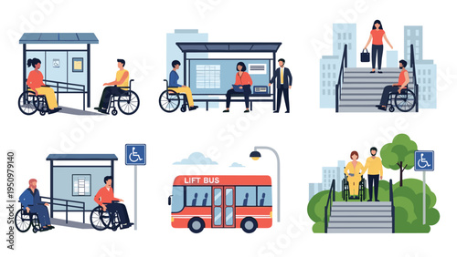 Scenes illustrating excellent accessibility for people in wheelchairs in public transport like buses, stops, and city stairs.
