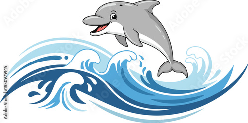 Cute Dolphin Jumping Over Ocean Waves Illustration for Marine Wildlife, Sea Life, Summer Beach Themes, and Aquatic Nature Design Projects.