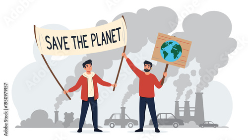 Two activists hold signs and banners to save the planet in front of a backdrop of industrial smoke, cars, and pollution.