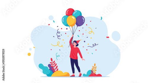 Joyful young girl in a red party hat celebrates her birthday while holding a bunch of colorful balloons amidst falling confetti.