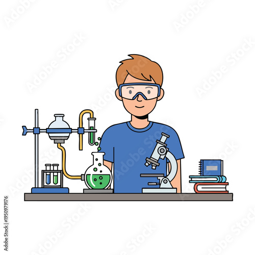Boy in safety goggles conducting a science experiment with flasks, microscope, and books