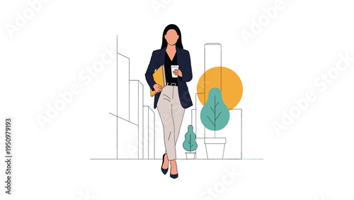 Confident businesswoman walks through a modern city street while holding a cup of hot coffee and a yellow document folder.