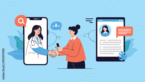 Patient shakes hands with a doctor through a smartphone screen during an efficient and modern telemedicine consultation.