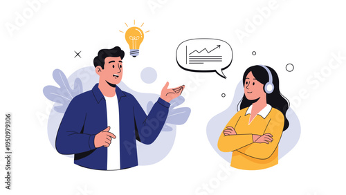 Man sharing a business idea with a woman wearing a headset, featuring a lightbulb icon and a rising data chart above.