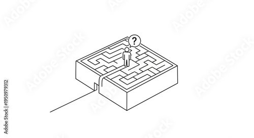 Person lost in maze with question mark, confusion, decision making, strategy, problem solving concept