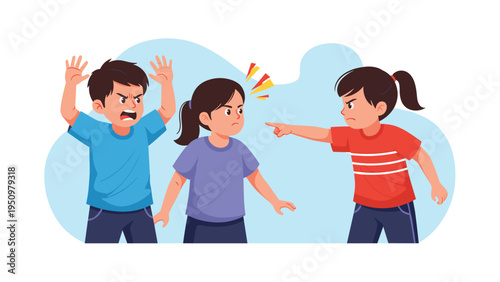 Group of three young children in a heated argument, expressing anger and pointing fingers in a social conflict scene.