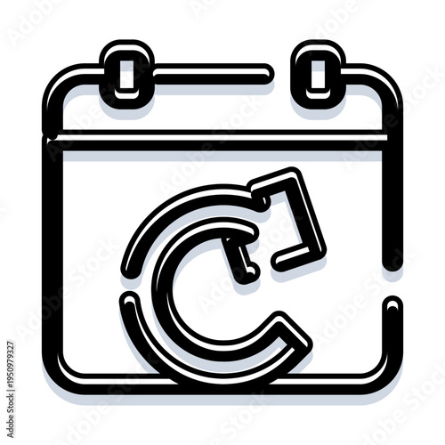 Calendar interface icon with a circular refresh arrow, representing updates, recurring events, synchronization and automated scheduling for apps, productivity and time management systems