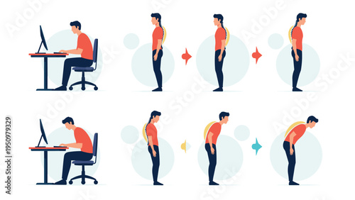 Comparative diagrams illustrating proper and improper sitting and standing postures to maintain healthy spinal health.