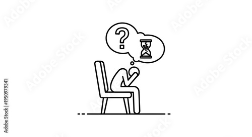 Person sitting on chair with hourglass and question mark in thought bubble, symbolizing stress and time pressure.