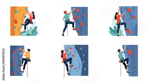 Set of illustrations featuring people rock climbing on indoor artificial walls, showcasing various active poses and gear.