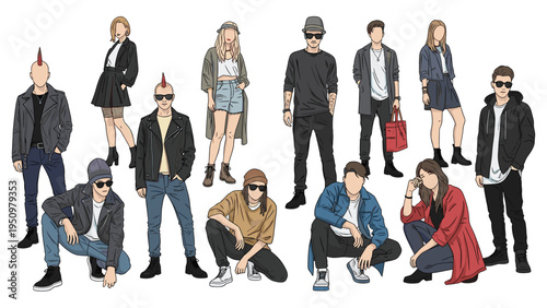 Group of diverse young adults showcasing various urban street fashion styles and subculture outfits in an illustration.