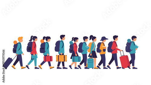 Row of diverse students with backpacks and suitcases walking together, representing travel, education, or migration.