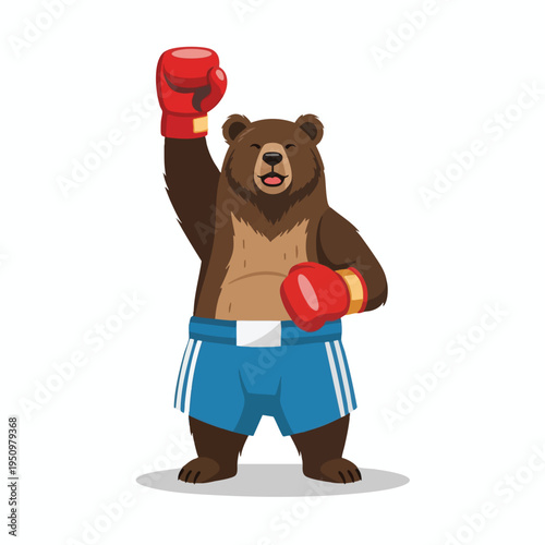 A smiling brown bear in boxing gear raises one gloved fist in victory