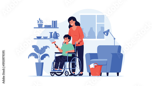 Woman helping a boy in a wheelchair with household chores like dusting, showing inclusive family support at home.