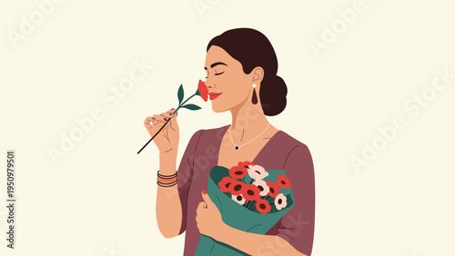 Elegant woman in a purple dress smelling a red rose while holding a bouquet of flowers with a serene expression.