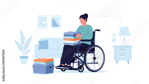 Woman in a wheelchair doing household chores like folding laundry in a bright, clean, and accessible living room.