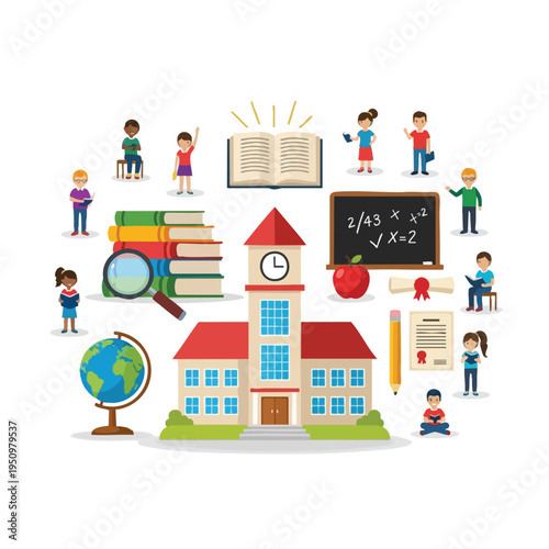 Diverse children engage in learning activities around a school building and educational items