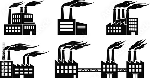 Industrial factory silhouettes with smoking chimneys representing pollution, manufacturing plants, carbon emissions, environmental damage and energy production concept isolated on white background 