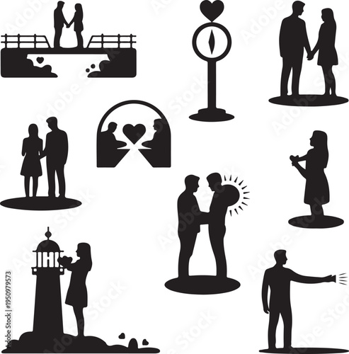 black silhouettes of couples and single people in love relationships