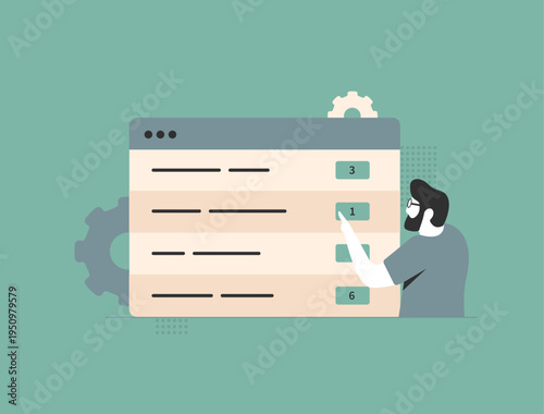 AI SEO ranking prioritization interface, automated search result scoring system assigning dynamic seo positions. Improving visibility optimization, content performance in search engines illustration