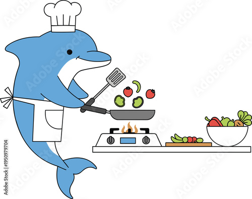 Cute Dolphin Chef Cooking in Kitchen Illustration with Frying Pan and Fresh Vegetables for Restaurant Design, Food Graphics, and Culinary Theme Projects.