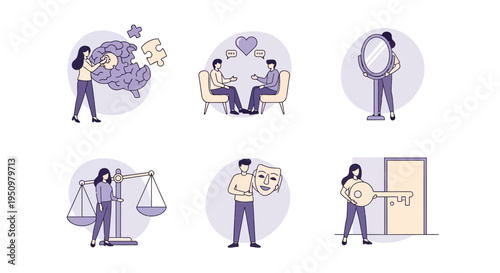 Six circular icons depicting stylized human figures engaged in various psychological or selfimprovement activities