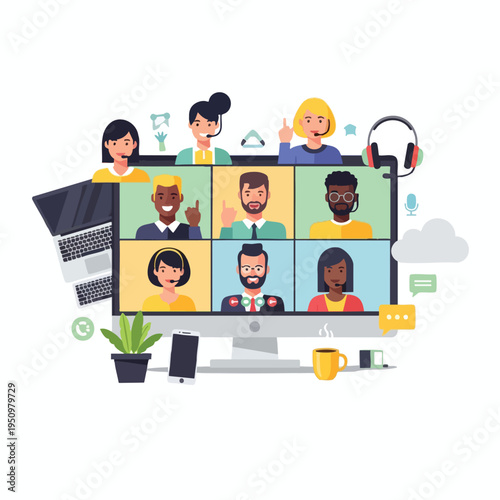 Diverse people in a video conference grid with office items around