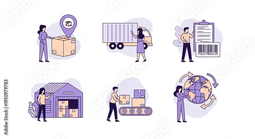Six flat illustration icons depicting logistics shipping and tracking processes