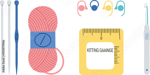 Knitting and Crochet Kit Collection Featuring Yarn Ball, Knitting Needles, Crochet Hook, Stitch Markers, and Pattern Guide for Craft, DIY, and Handmade Projects.