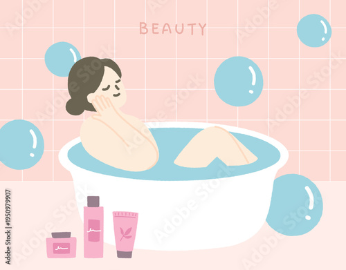 Skin care concept handdrawn illustration with beautiful woman taking a bath.