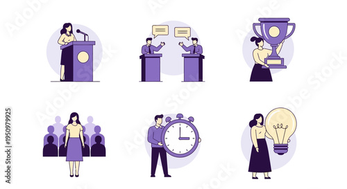 Six flatstyle vector icons depicting business presentations debate achievement audience time and ideas