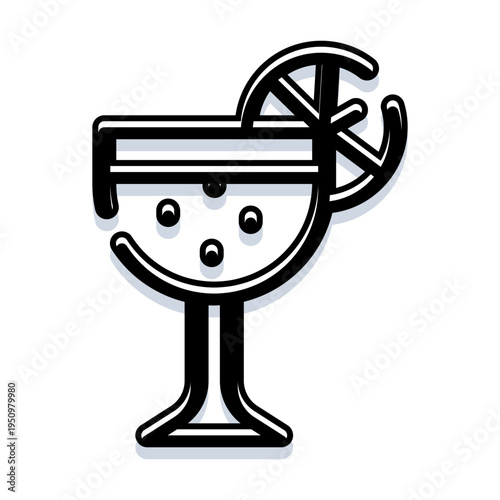 Cocktail glass with bubbly effervescent drink and citrus garnish, minimal black and white line icon perfect for menus, apps, nightlife, bars, celebrations and happy hour designs
